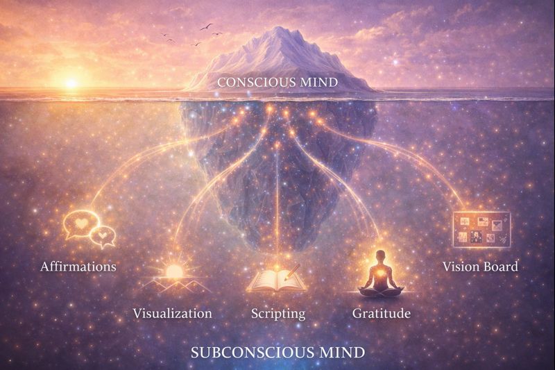 Manifestation methods framework showing how techniques target subconscious mind